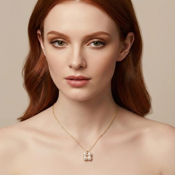 A modell a Quartet pearl tenyészett gyöngy nyakláncot viseli